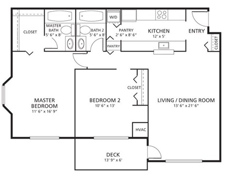 Floor plan for 2 beds, 2 baths, 950 sqft