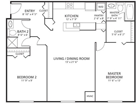 Floor plan for 2 beds, 2 baths, 920 sqft