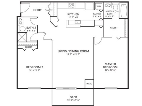 Floor plan for 2 beds, 2 baths, 1100 sqft