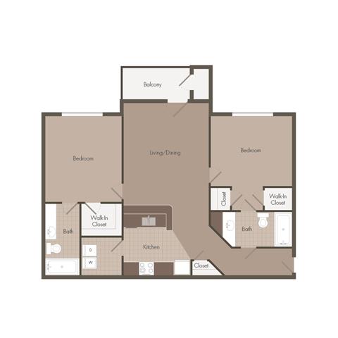 Floor plan for 2 beds, 2 baths, 889 sqft