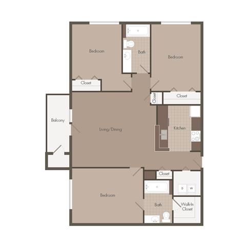 Floor plan for 3 beds, 2 baths, 1125 sqft