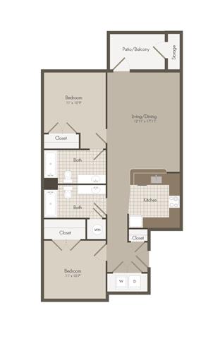 Floor plan for 2 beds, 2 baths, 1001 sqft