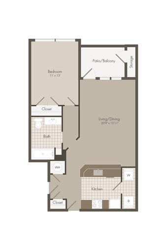 Floor plan for 1 bed, 1 bath, 868 sqft