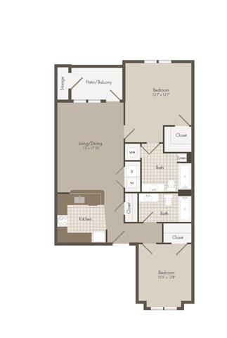 Floor plan for 2 beds, 2 baths, 1042 sqft