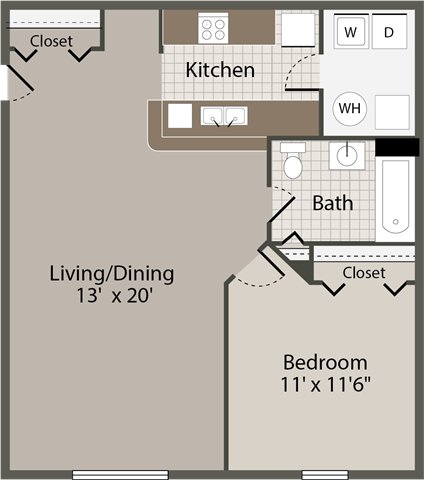 Floor plan for 1 bed, 1 bath, 752 sqft