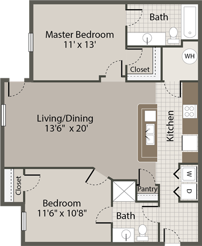 Floor plan for 2 beds, 2 baths, 970 sqft