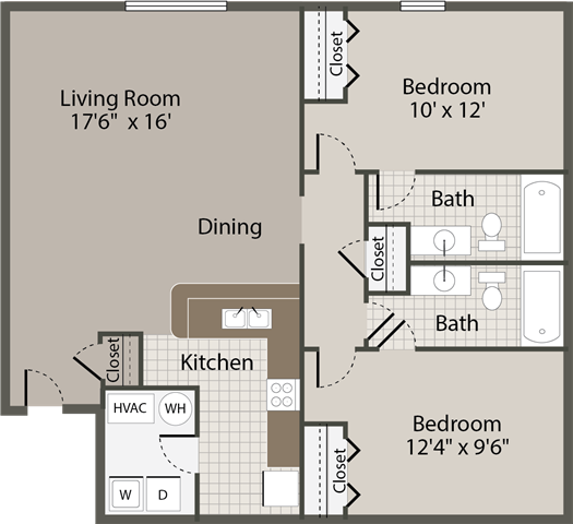 Floor plan for 2 beds, 2 baths, 978 sqft