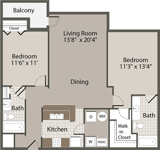 Floor plan for 2 beds, 2 baths, 987 sqft