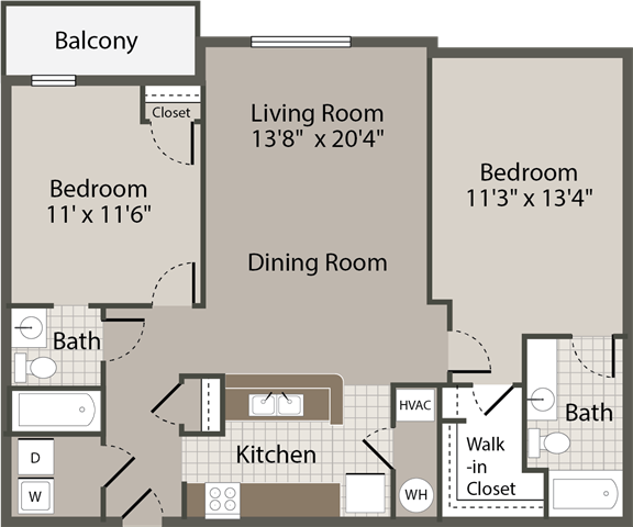 Floor plan for 2 beds, 2 baths, 992 sqft