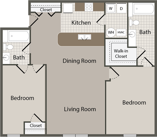 Floor plan for 2 beds, 2 baths, 1024 sqft