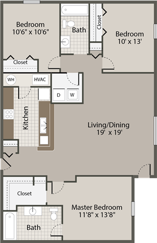 Floor plan for 3 beds, 2 baths, 1188 sqft