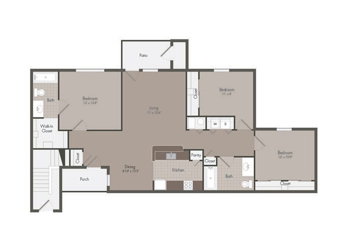 Floor plan for 3 beds, 2 baths, 1165 sqft