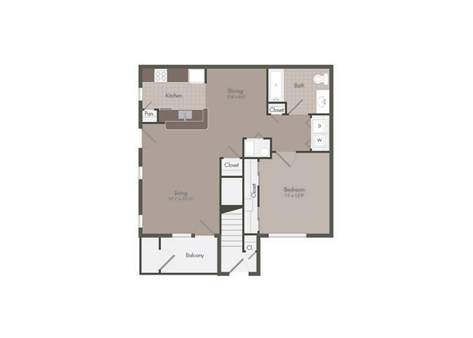Floor plan for 1 bed, 1 bath, 733 sqft