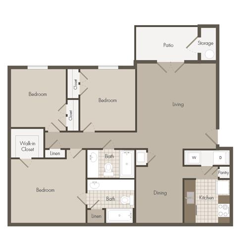 Floor plan for 3 beds, 2 baths, 1236 sqft