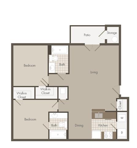 Floor plan for 2 beds, 2 baths, 1076 sqft