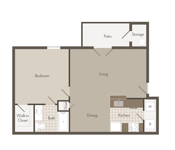 Floor plan for 1 bed, 1 bath, 711 sqft