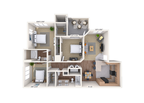 Floor plan for 3 beds, 2 baths, 1257 sqft