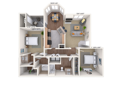 Floor plan for 2 beds, 2 baths, 1126 sqft