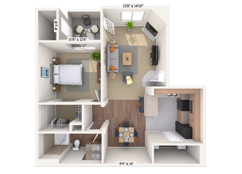 Floor plan for 1 bed, 1 bath, 761 sqft