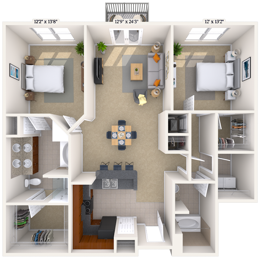 Floor plan for 2 beds, 2 baths, 1361 sqft