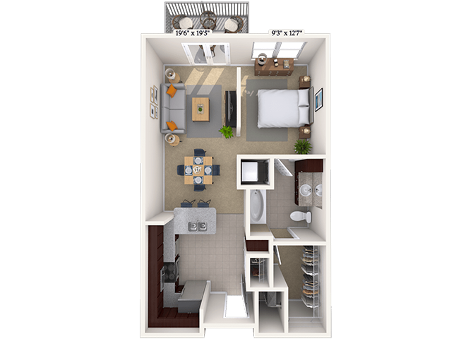 Floor plan for studio, 1 bath, 599 sqft