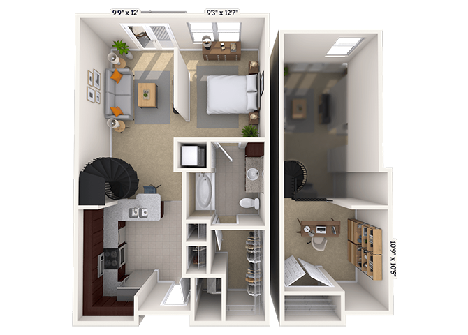 Floor plan for studio, 1 bath, 701 sqft
