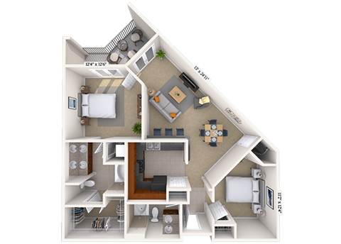Floor plan for 1 bed, 1 bath, 977 sqft