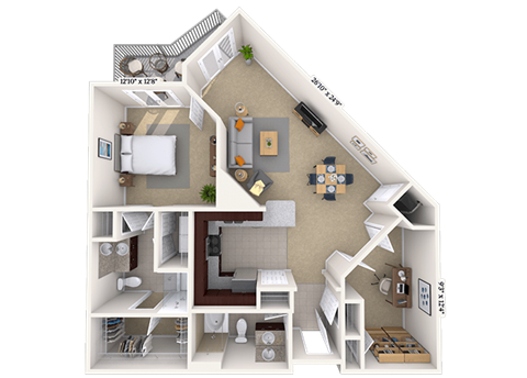 Floor plan for 1 bed, 1 bath, 1053 sqft