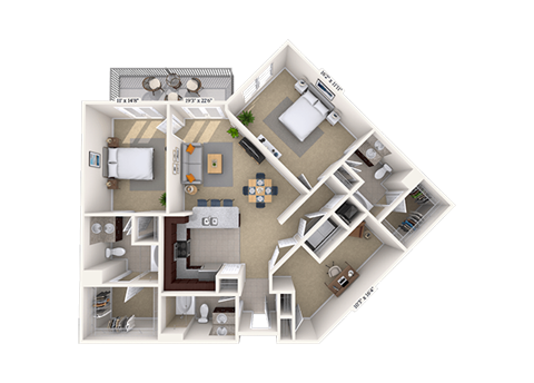 Floor plan for 2 beds, 2 baths, 1395 sqft