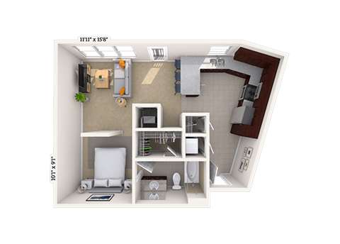 Floor plan for studio, 1 bath, 620 sqft