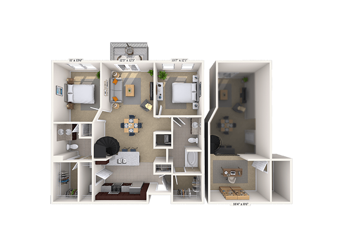 Floor plan for 2 beds, 2 baths, 1304 sqft