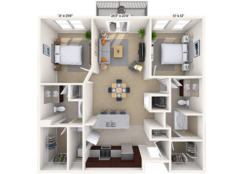 Floor plan for 2 beds, 2 baths, 1136 sqft