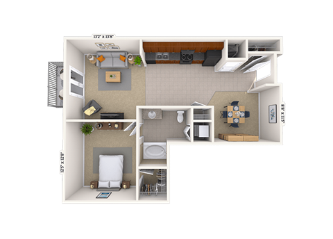 Floor plan for 1 bed, 1 bath, 827 sqft