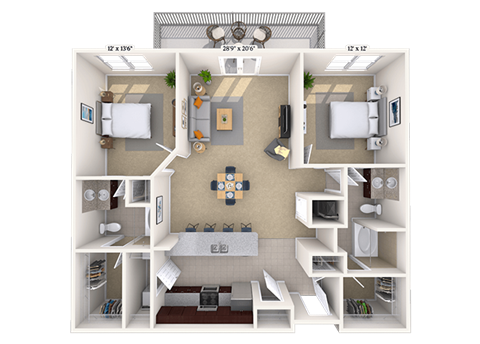 Floor plan for 2 beds, 2 baths, 1330 sqft