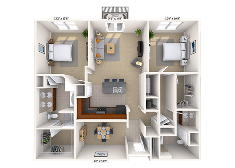 Floor plan for 2 beds, 2 baths, 1360 sqft