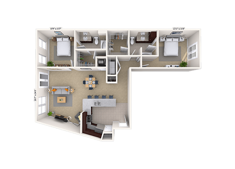 Floor plan for 2 beds, 2 baths, 1240 sqft