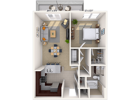 Floor plan for 1 bed, 1 bath, 751 sqft