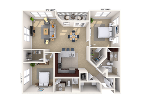 Floor plan for 2 beds, 2 baths, 1202 sqft