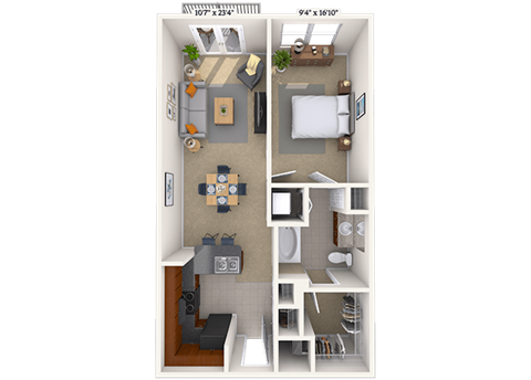 Floor plan for 1 bed, 1 bath, 680 sqft