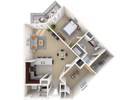 Floor plan for 1 bed, 1 bath, 1039 sqft