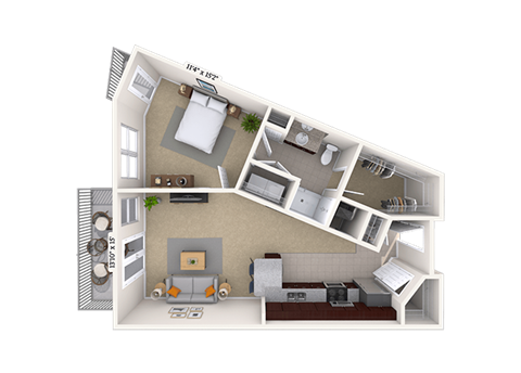 Floor plan for 1 bed, 1 bath, 772 sqft