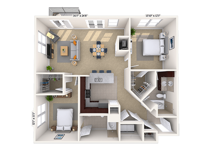 Floor plan for 2 beds, 2 baths, 1633 sqft