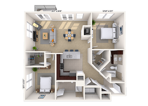 Floor plan for 2 beds, 2 baths, 1238 sqft