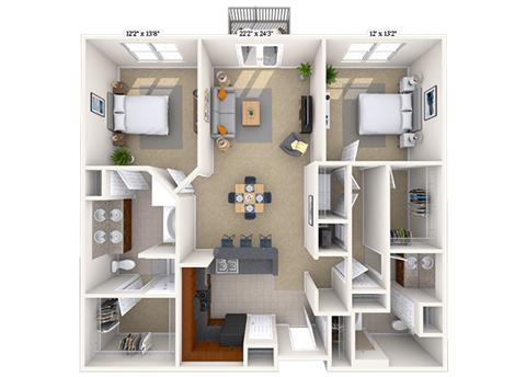 Floor plan for 2 beds, 2 baths, 1258 sqft
