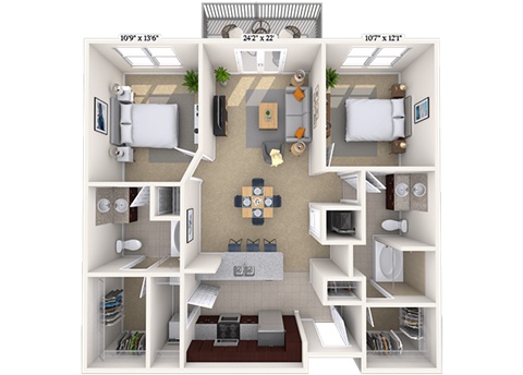 Floor plan for 2 beds, 2 baths, 1088 sqft