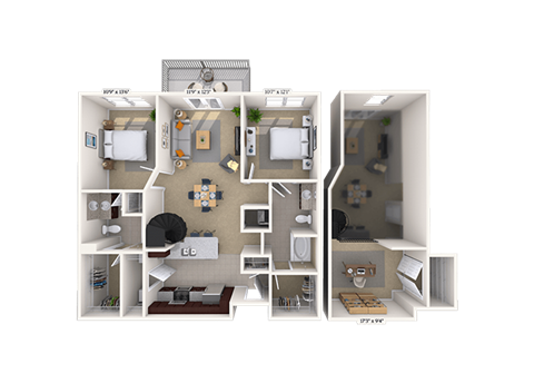 Floor plan for 2 beds, 2 baths, 1267 sqft