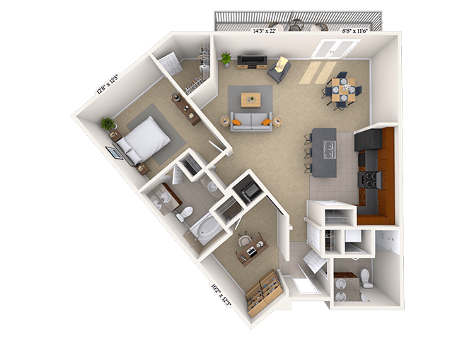 Floor plan for 1 bed, 1 bath, 1022 sqft