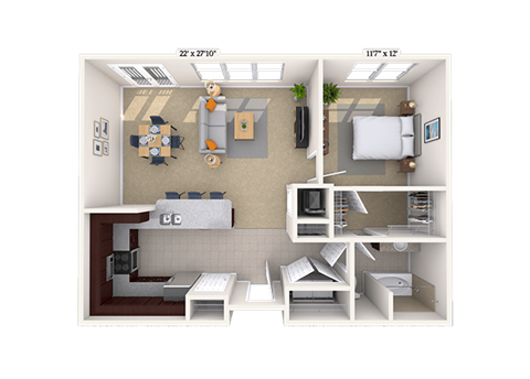 Floor plan for 1 bed, 1 bath, 861 sqft
