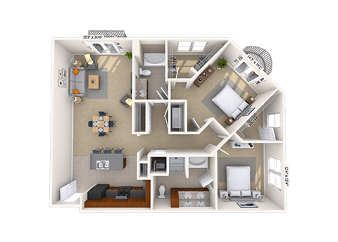 Floor plan for 2 beds, 2 baths, 1271 sqft