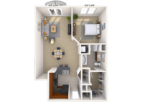 Floor plan for 1 bed, 1 bath, 847 sqft